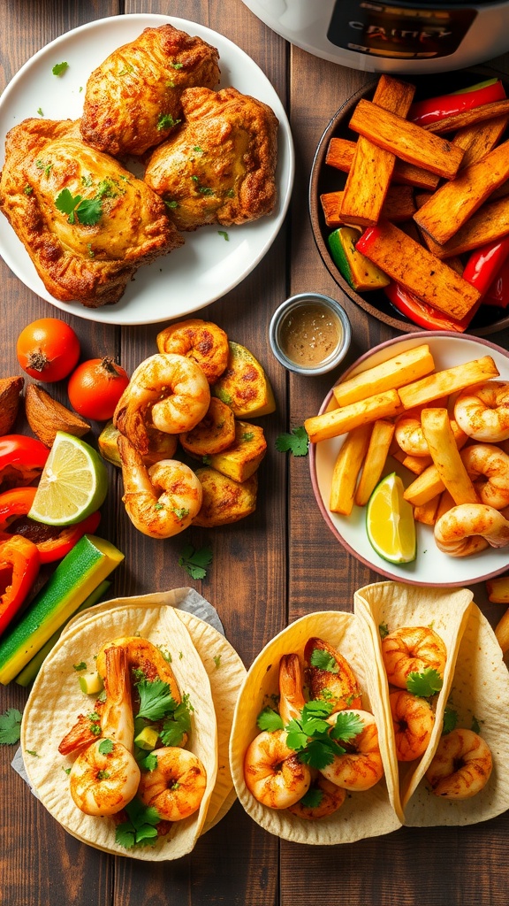 A collection of air fryer dinner ideas including crispy chicken, roasted vegetables, and shrimp tacos.